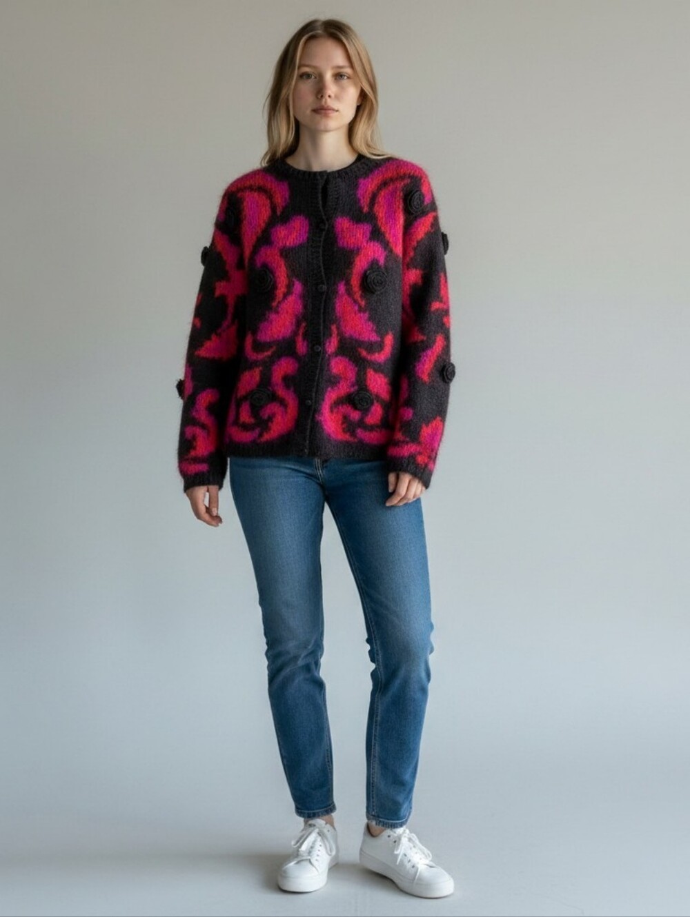 Jennifer Reed Knitted By Hand Black Red And Purple Cardigan With Roses Women's M